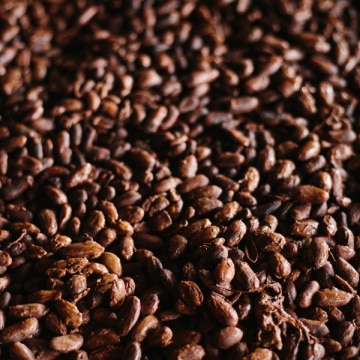 Grande quantidade de amêndoas de cacau fermentadas e secas, de coloração marrom escura, espalhadas em uma superfície. 